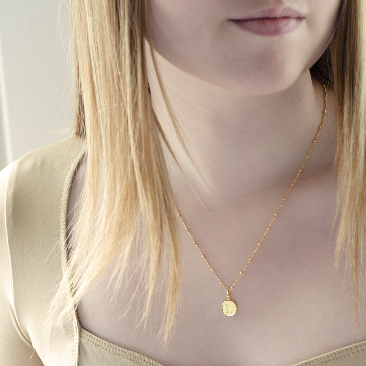 Gold Mini Initial Disc | Bead Chain