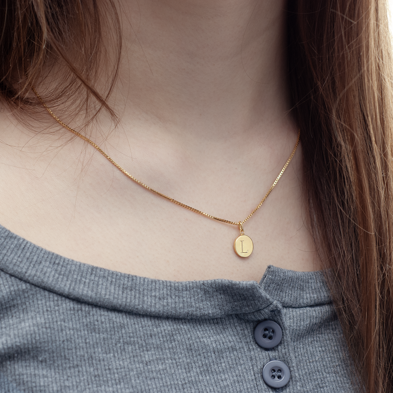 Gold Mini Initial Disc | Box Link Chain