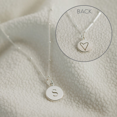 Mini initial disc and heart charm pendant on a bead chain, sterling silver