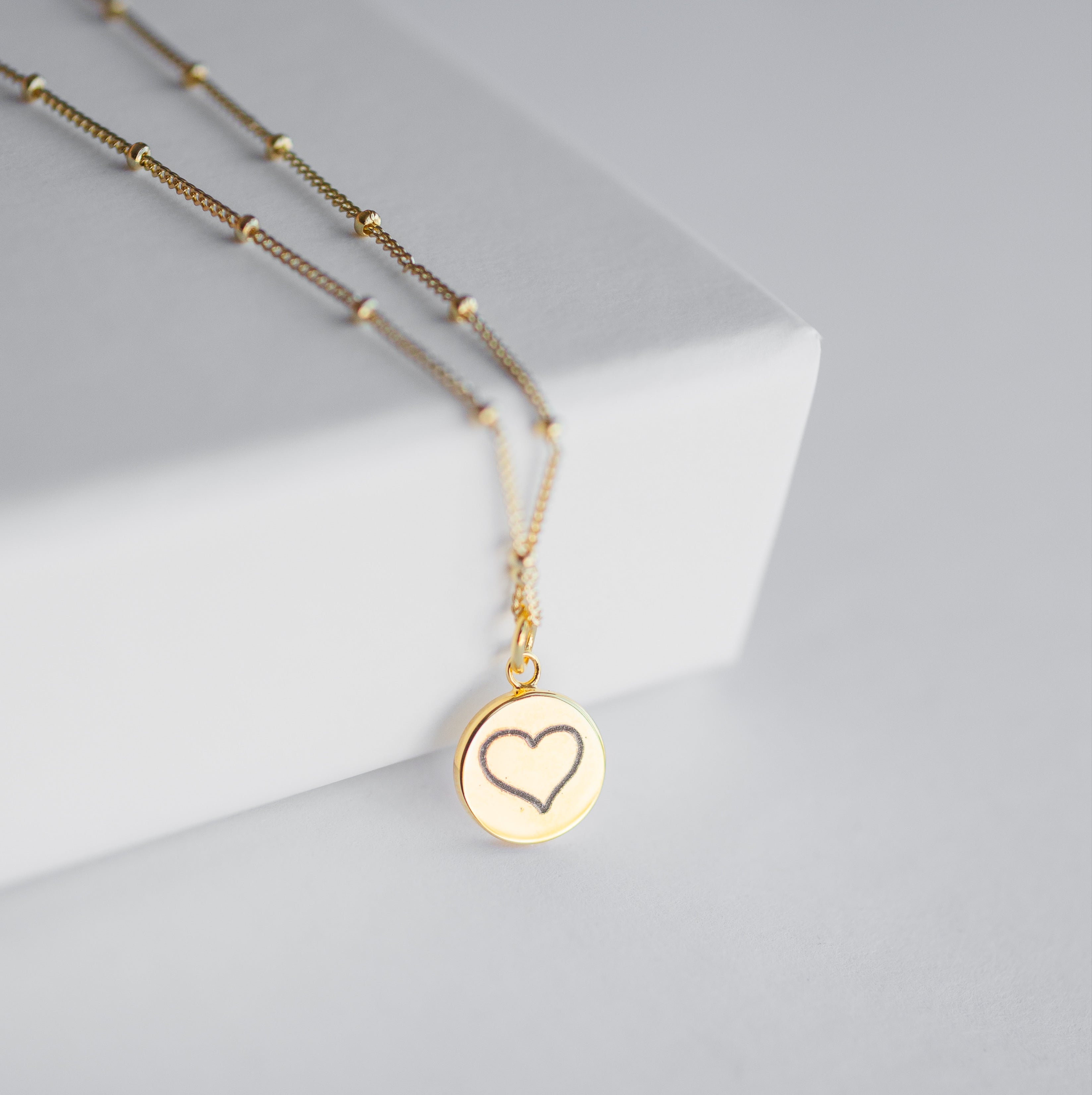 Gold Mini Initial Disc + Custom Heart | Bead Chain