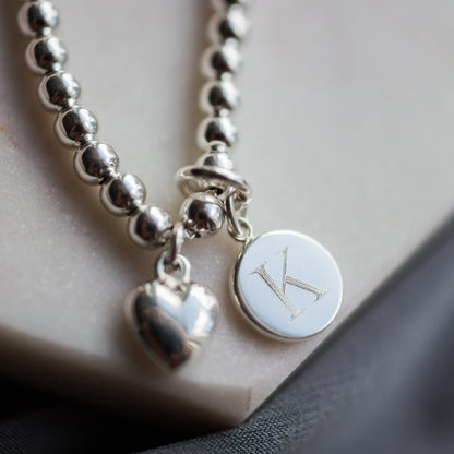 Silver Mini Initial Disc + Heart | Bracelet
