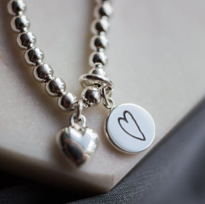 Silver Mini Initial Disc + Heart | Bracelet