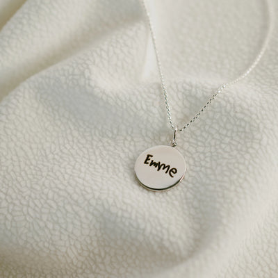 Handwriting pendant on a box link chain, sterling silver