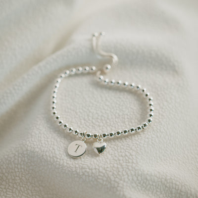 Mini initial disc pendant bracelet, sterling silver