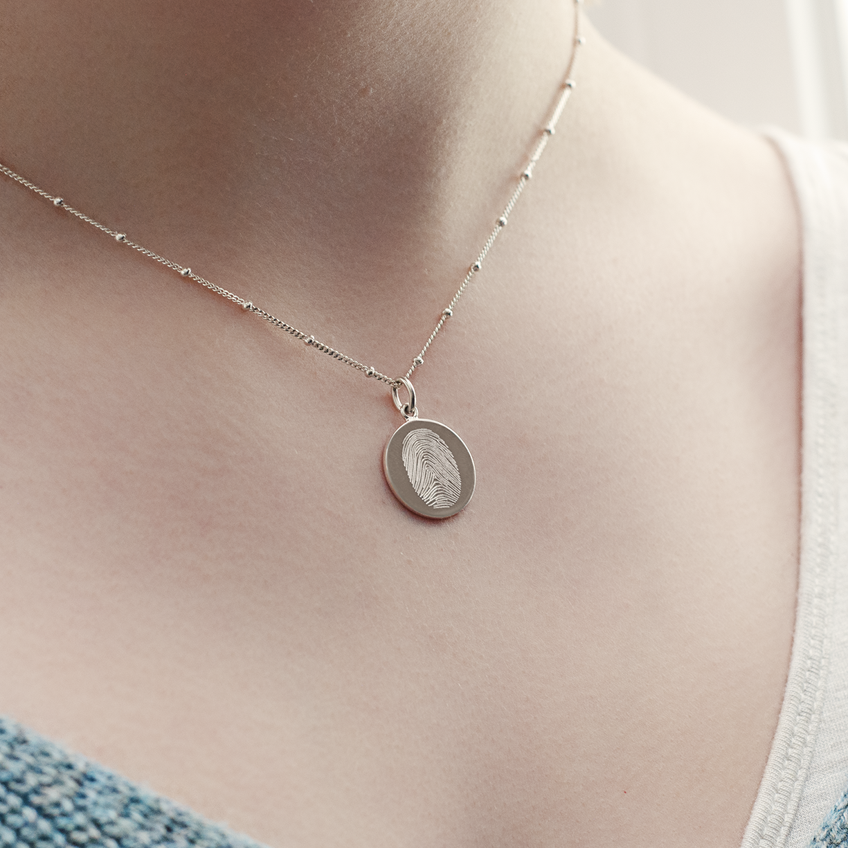 Silver Single Fingerprint Pendant | Bead Chain