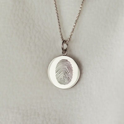 Single fingerprint pendant on a box link chain, sterling silver